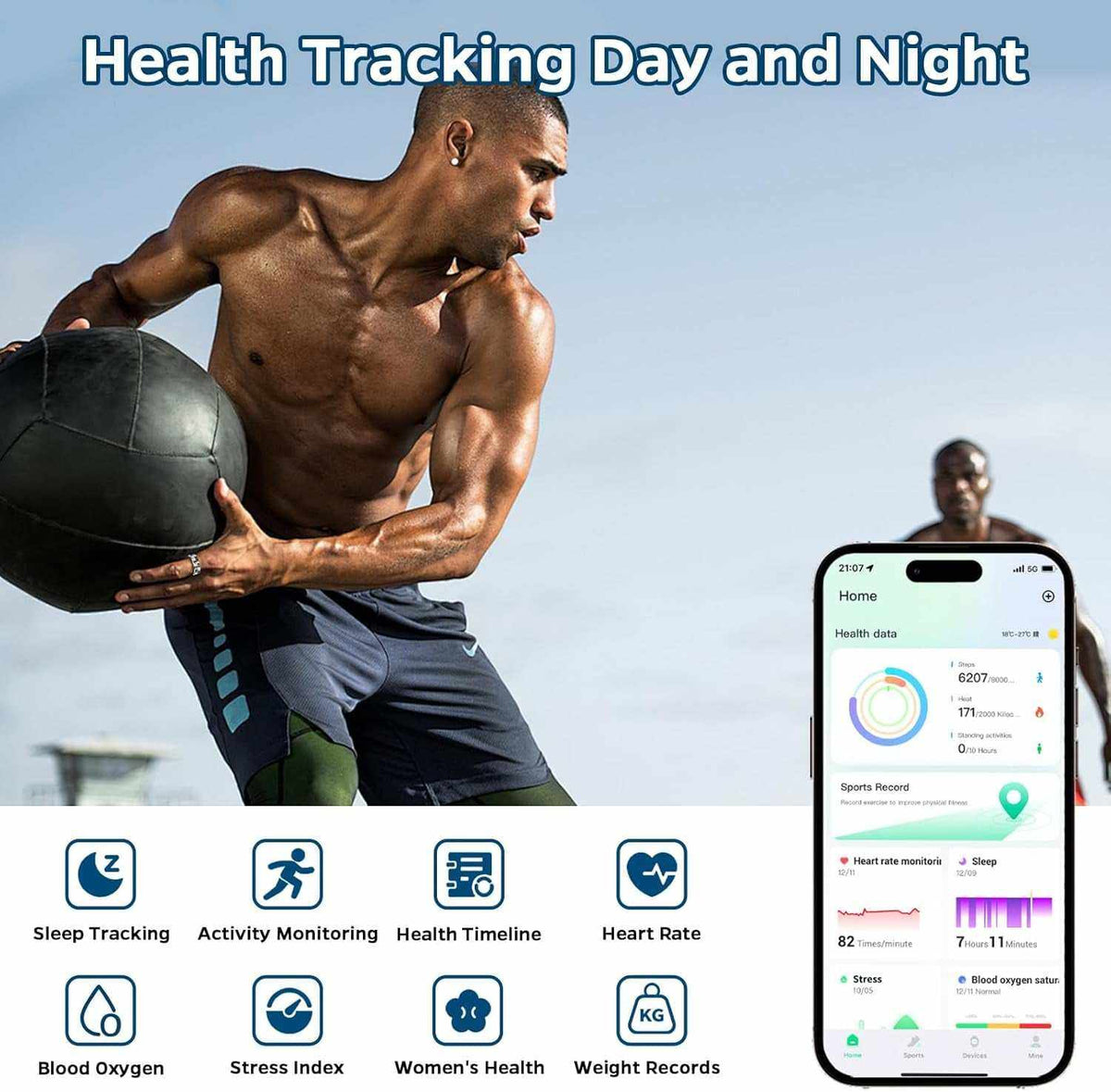 Smart Ring Health Tracker shown on athlete's hand during outdoor exercise, paired with mobile app displaying health metrics