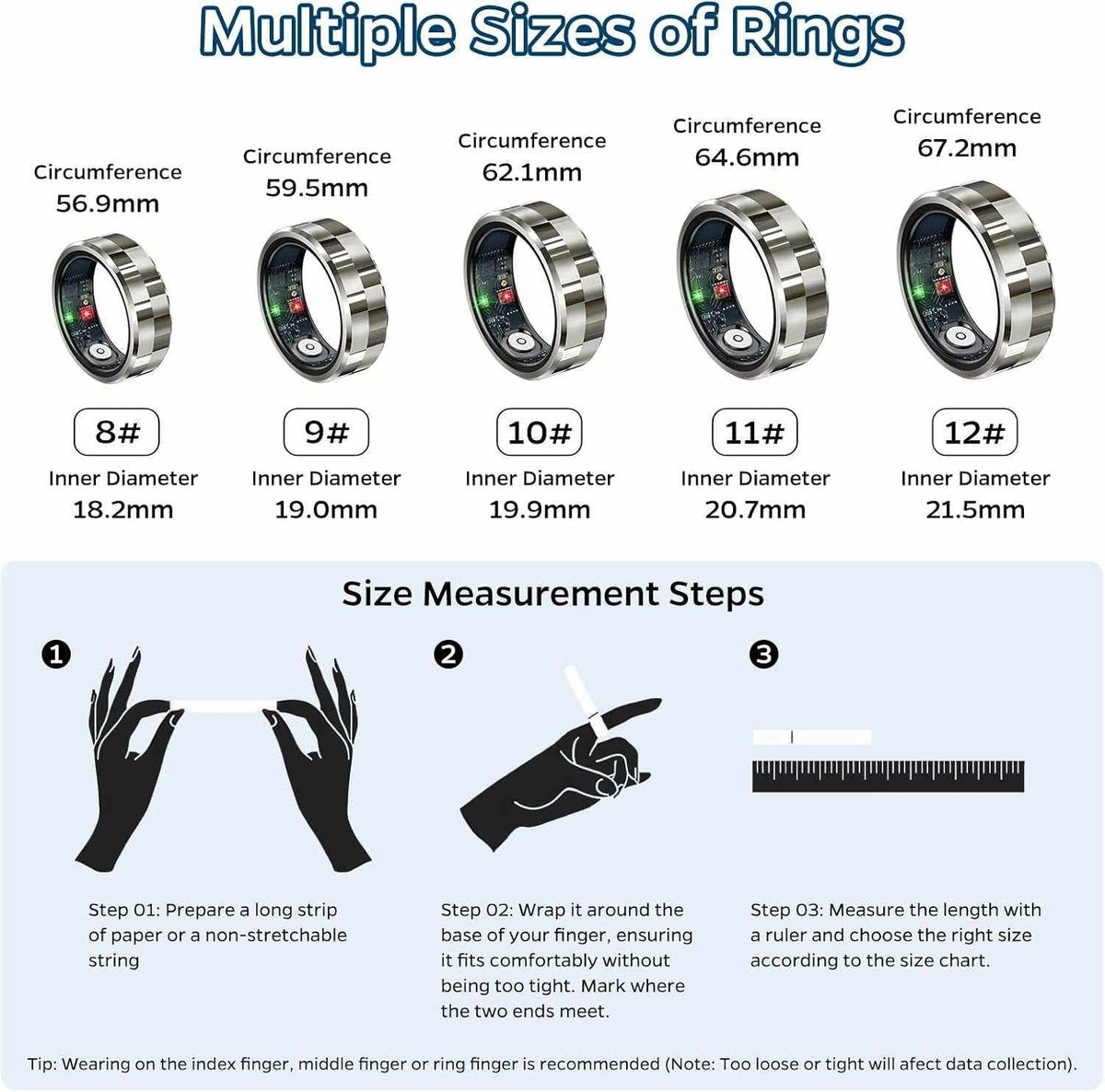 Smart Ring Health Tracker showcasing multiple metallic silver rings with digital displays and size measurements for different finger circumferences