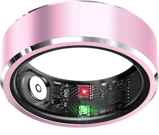 Smart Ring Health Tracker in light pink with a smooth metal finish and visible internal sensors for activity monitoring.