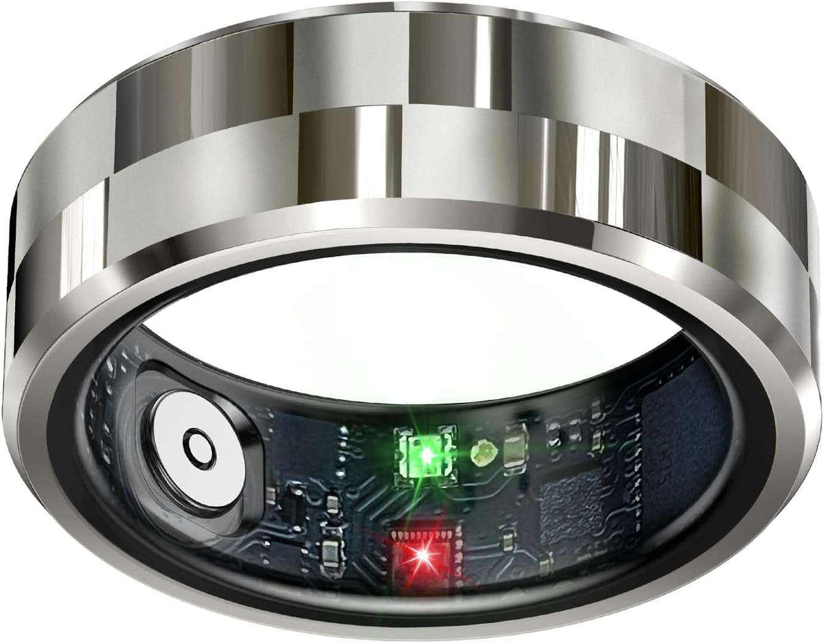 Smart Ring Health Tracker with stylish silver metal exterior and visible electronic sensors inside the ring