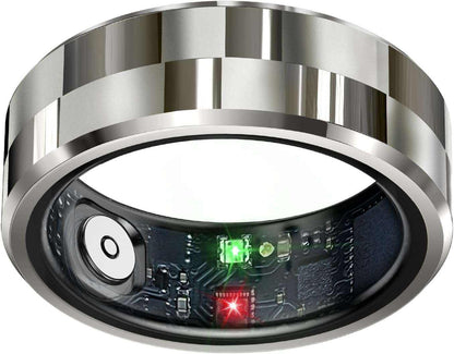 Smart Ring Health Tracker with stylish silver metal exterior and visible electronic sensors inside the ring