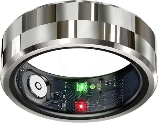 Smart Ring Health Tracker with stylish silver metal exterior and visible electronic sensors inside the ring