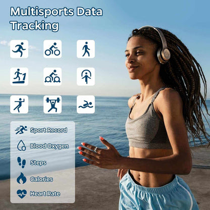 Smart Ring Health Tracker worn on finger of athletic woman jogging by water, showing activity icons and fitness data tracking features