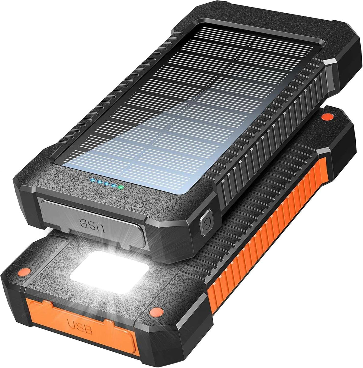 Solar Charger Power Bank with black and orange rugged casing, dual USB ports, solar panel, and built-in LED flashlight for outdoor use.