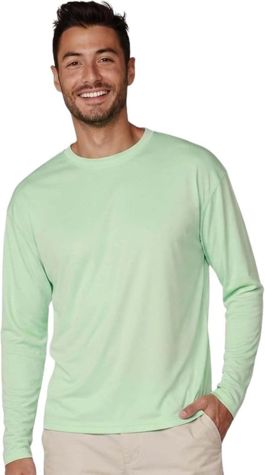 Swim Shirts for Men in light green long sleeve, smooth fabric with a relaxed fit and crew neckline modelled by a smiling man.