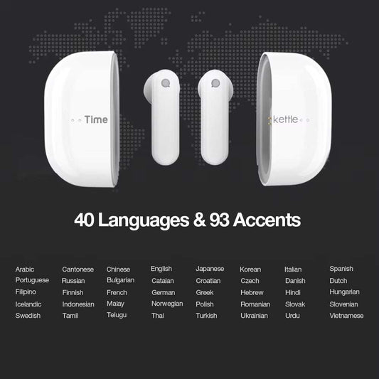 Timekettle M2 wireless translator earbuds in white with a sleek charging case, supporting 40 languages and 93 accents.