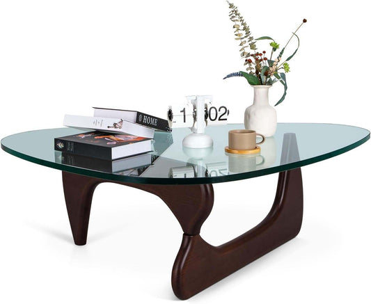 Triangle Glass Coffee Table with clear tempered glass top and dark walnut curved solid wood base in mid-century modern style