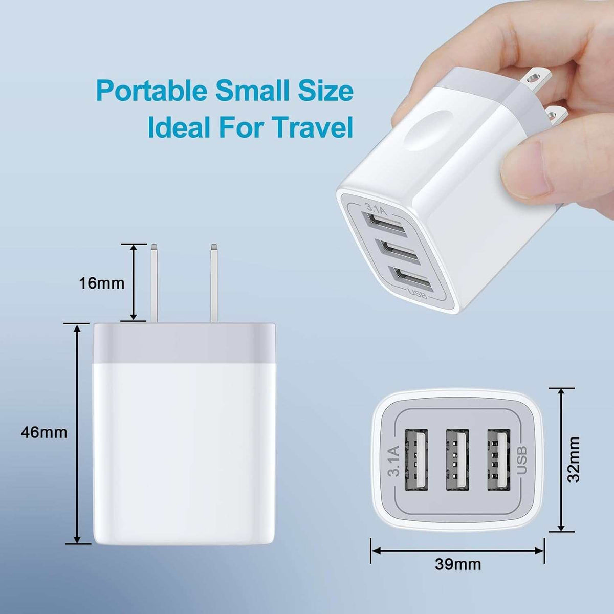 2-pack 3-port usb wall charger with 3.1A output for multiple devices