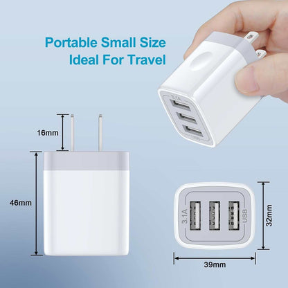 2-pack 3-port usb wall charger with 3.1A output for multiple devices