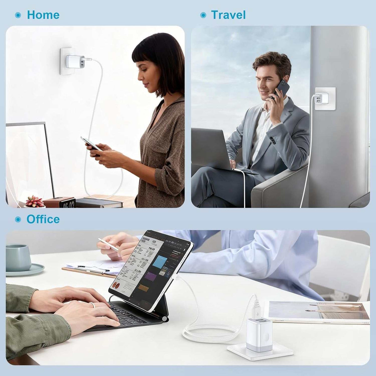 2-pack 3-port USB wall charger compatible with iPhone and Samsung devices