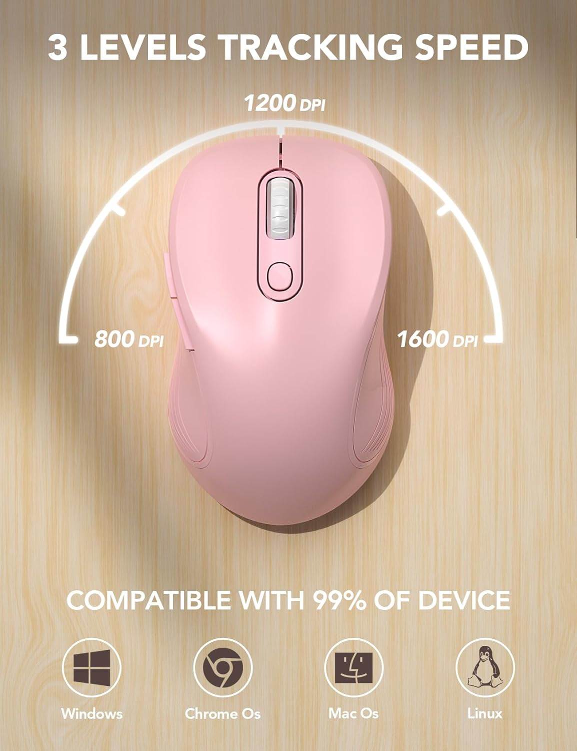 Baby pink wireless ergonomic mouse for laptop with 6 buttons and adjustable DPI