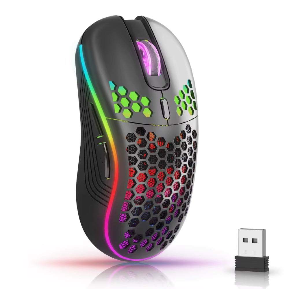 Wireless Gaming Mouse in black and white with honeycomb design, RGB backlit accents, ergonomic shape, and USB Type-C rechargeable feature.