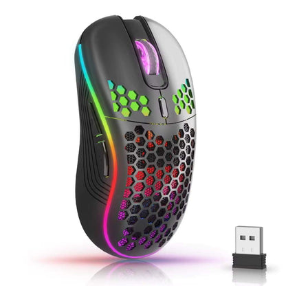 Wireless Gaming Mouse in black and white with honeycomb design, RGB backlit accents, ergonomic shape, and USB Type-C rechargeable feature.