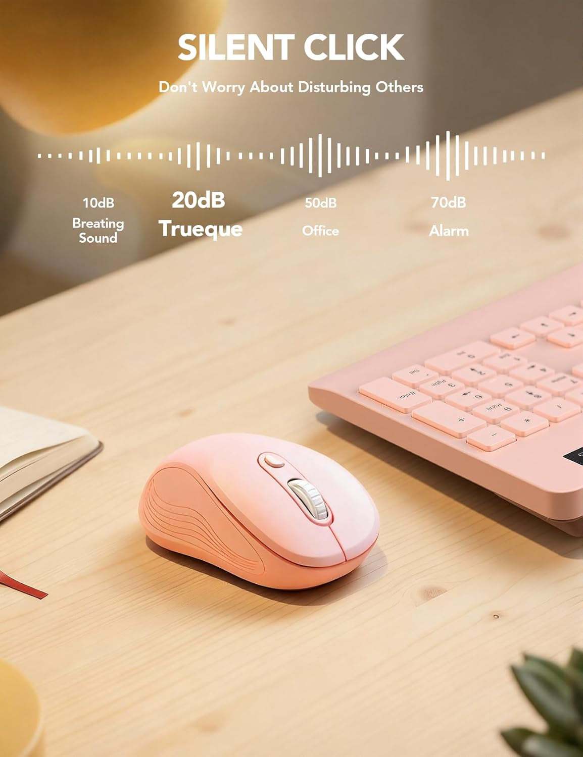 Baby pink ergonomic wireless mouse for laptop with 6 buttons and adjustable DPI
