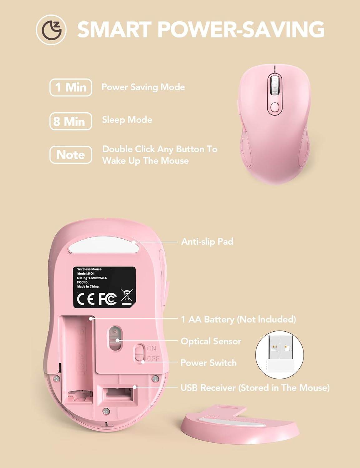 Baby pink ergonomic wireless mouse for laptop with 6 buttons and adjustable DPI