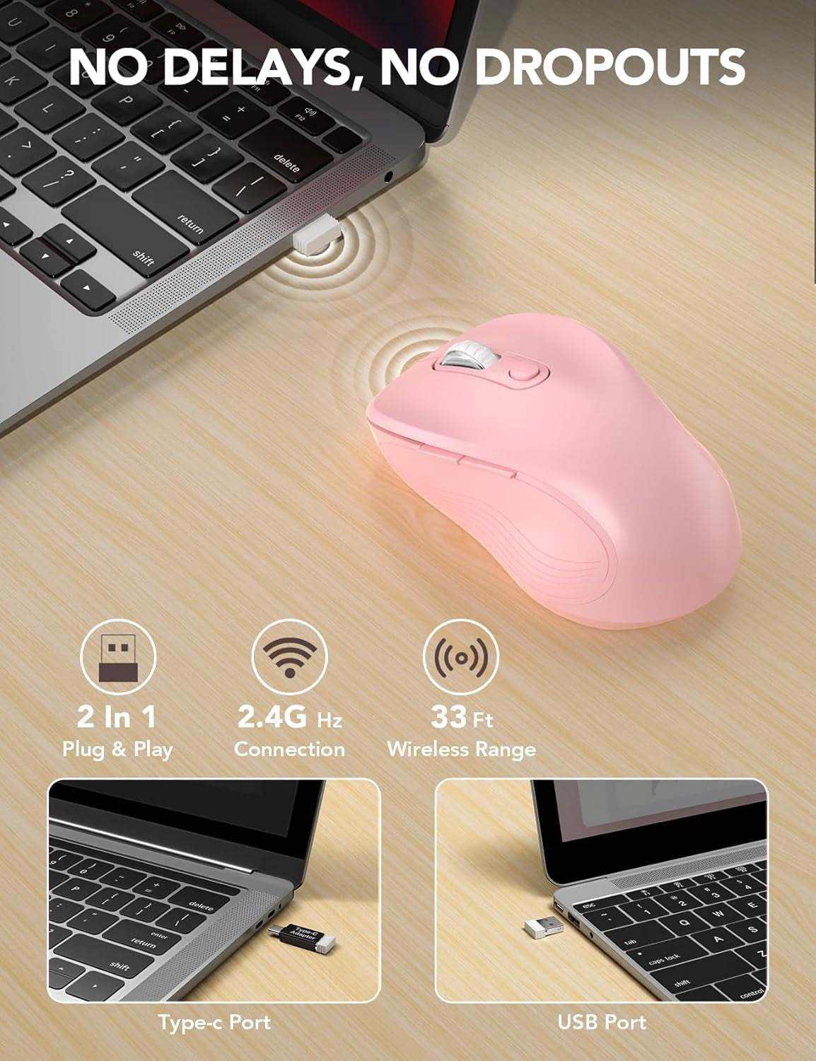 Baby pink ergonomic wireless mouse for laptop with 6 buttons and adjustable DPI