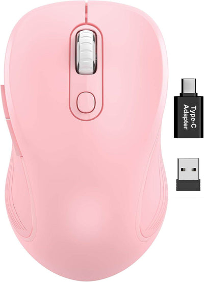 baby pink ergonomic wireless mouse for laptop with 6 buttons and adjustable dpi