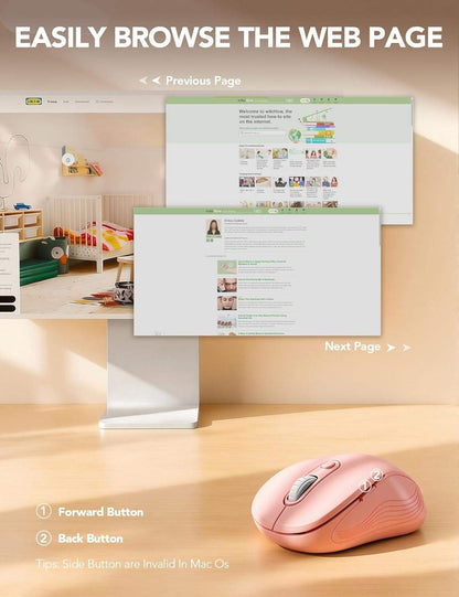 Baby pink ergonomic wireless mouse for laptop with 6 buttons and adjustable DPI
