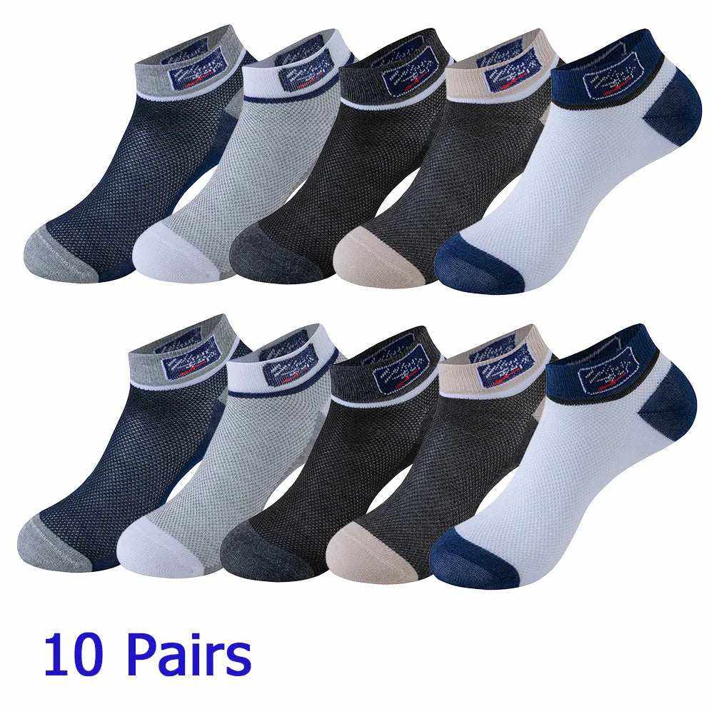 Ten pairs of Women/Men Boat Socks in breathable mesh fabric, assorted colors with contrasting heel, toe and cuff edges
