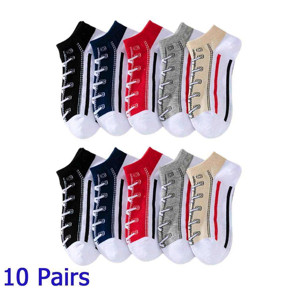 10 pairs Women/Men Boat Socks in black, navy, red, gray, and beige with white toes and heel, featuring a lace-up sneaker pattern