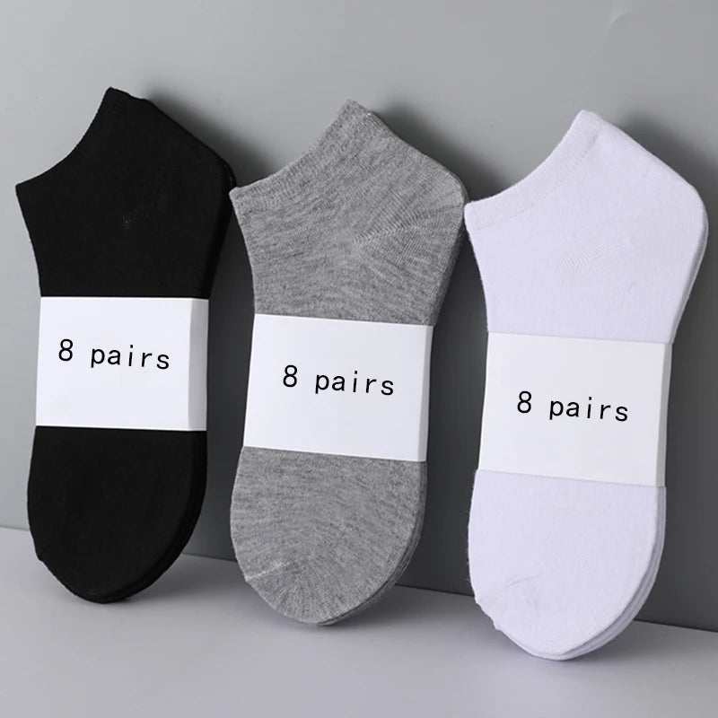 Women/Men Boat Socks pack featuring 8 pairs of low-cut ankle socks in black, grey, and white breathable fabric