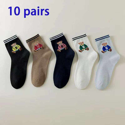 Women/Men Boat Socks in black, brown, navy, white, and light blue featuring embroidered bears and striped cuffs
