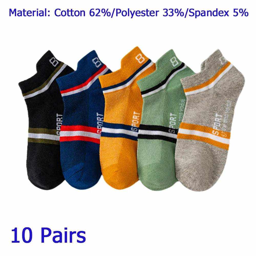 Women/Men Boat Socks in black, navy blue, yellow, green, and grey with stripes and sport text, cotton blend low-cut ankle socks