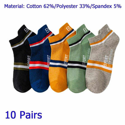 Women/Men Boat Socks in black, navy blue, yellow, green, and grey with stripes and sport text, cotton blend low-cut ankle socks