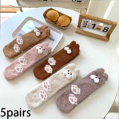 Women/Men Boat Socks set of five pairs in brown, pink, dark brown, beige, and gray with plush bear face and paw print accents