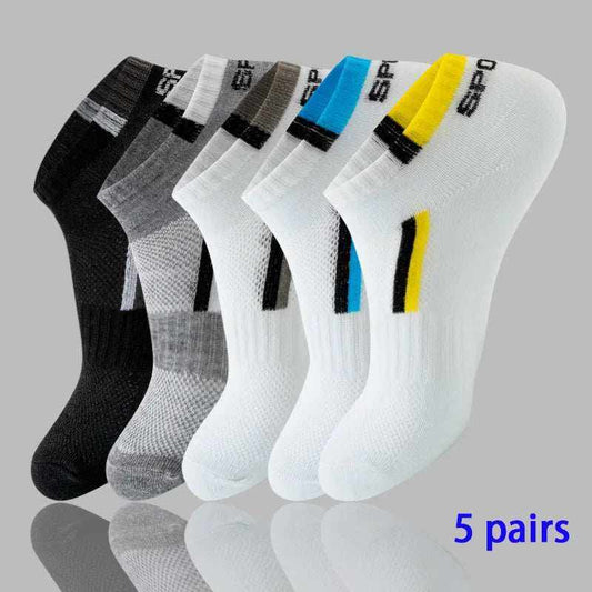 5 pairs of Women/Men Boat Socks in black, gray, white with blue and yellow accents featuring low cut, breathable fabric and non-slip soles