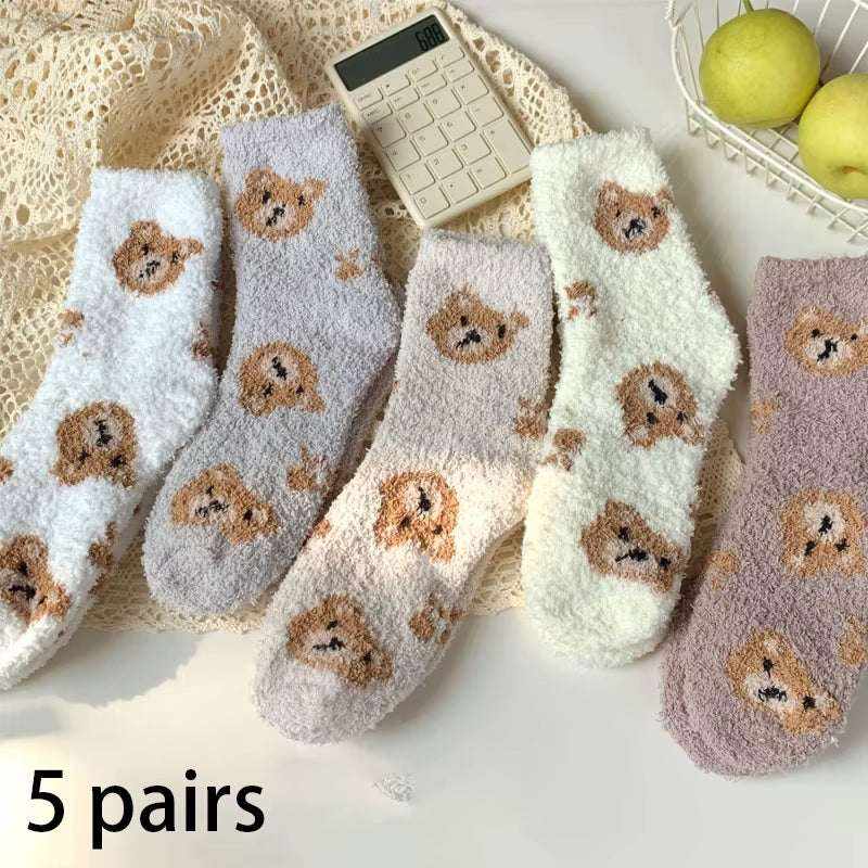 Women/Men Boat Socks featuring 5 pairs of cozy, fluffy socks in beige, white, light purple shades with bear faces
