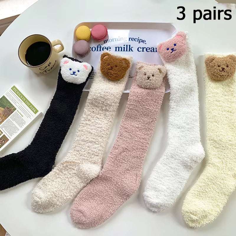 Women/Men Boat Socks set featuring five pairs of soft, fuzzy, pastel-colored socks with cute bear faces on the cuffs