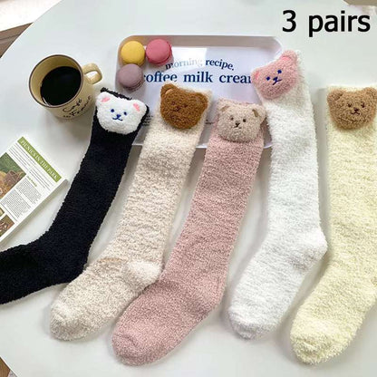 Women/Men Boat Socks set featuring five pairs of soft, fuzzy, pastel-colored socks with cute bear faces on the cuffs