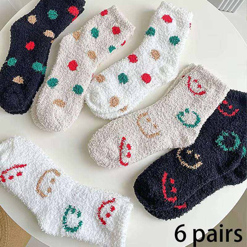 Women/Men Boat Socks soft fuzzy material with colorful polka dots and smiley face patterns in black, white, beige colors