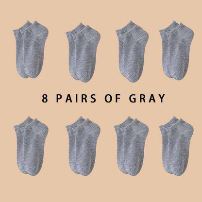 Women/Men Boat Socks in gray, invisible low cut, breathable spandex material, non-slip silicone sole, 8 pairs shown