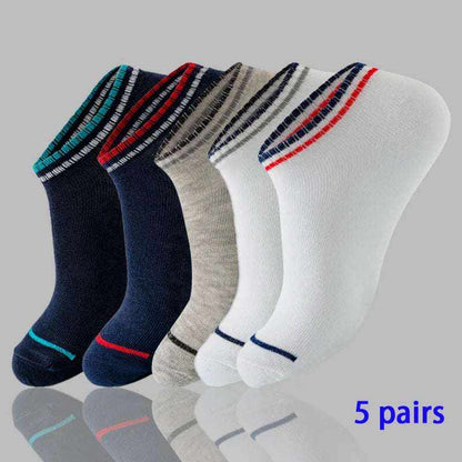 Women/Men Boat Socks five pairs of low cut ankle socks in navy, grey, and white with striped trim and breathable fabric