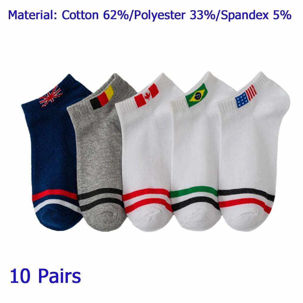 Women/Men Boat Socks set featuring low-cut cotton blend socks in navy, grey, and white with country flag accents and stripes