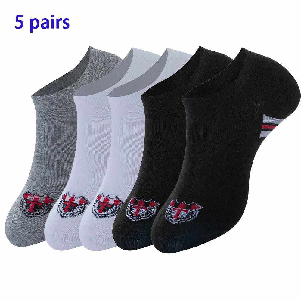Women/Men Boat Socks 5 pairs low cut ankle socks in black, white, and grey with a small embroidered emblem
