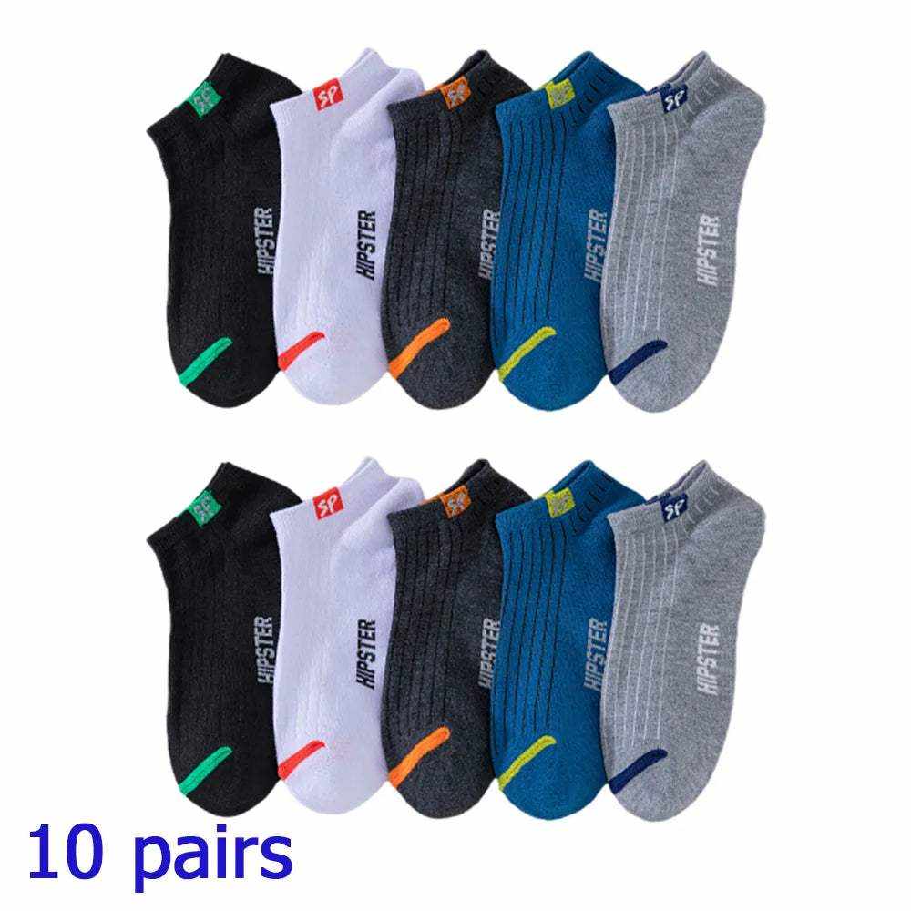 Women/Men Boat Socks in black, white, dark gray, blue, and gray with colorful heel accents, low cut and breathable cotton material