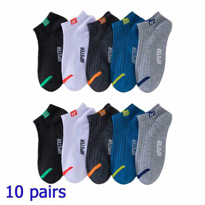 Women/Men Boat Socks in black, white, dark gray, blue, and gray with colorful heel accents, low cut and breathable cotton material