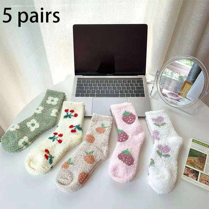 Women/Men Boat Socks set of five pairs in soft pastel colors featuring floral and fruit patterns on fuzzy material