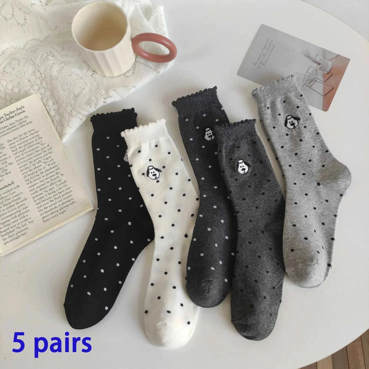Women/Men Boat Socks five pairs of ankle-length cotton socks in black, white, dark grey, light grey with polka dots and bear face design