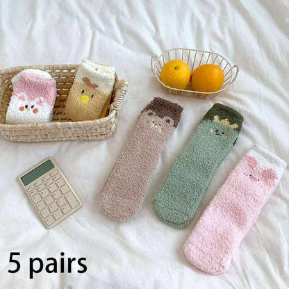 Women/Men Boat Socks in soft textured fleece material with cute animal faces in pastel colors, pack of 5 pairs