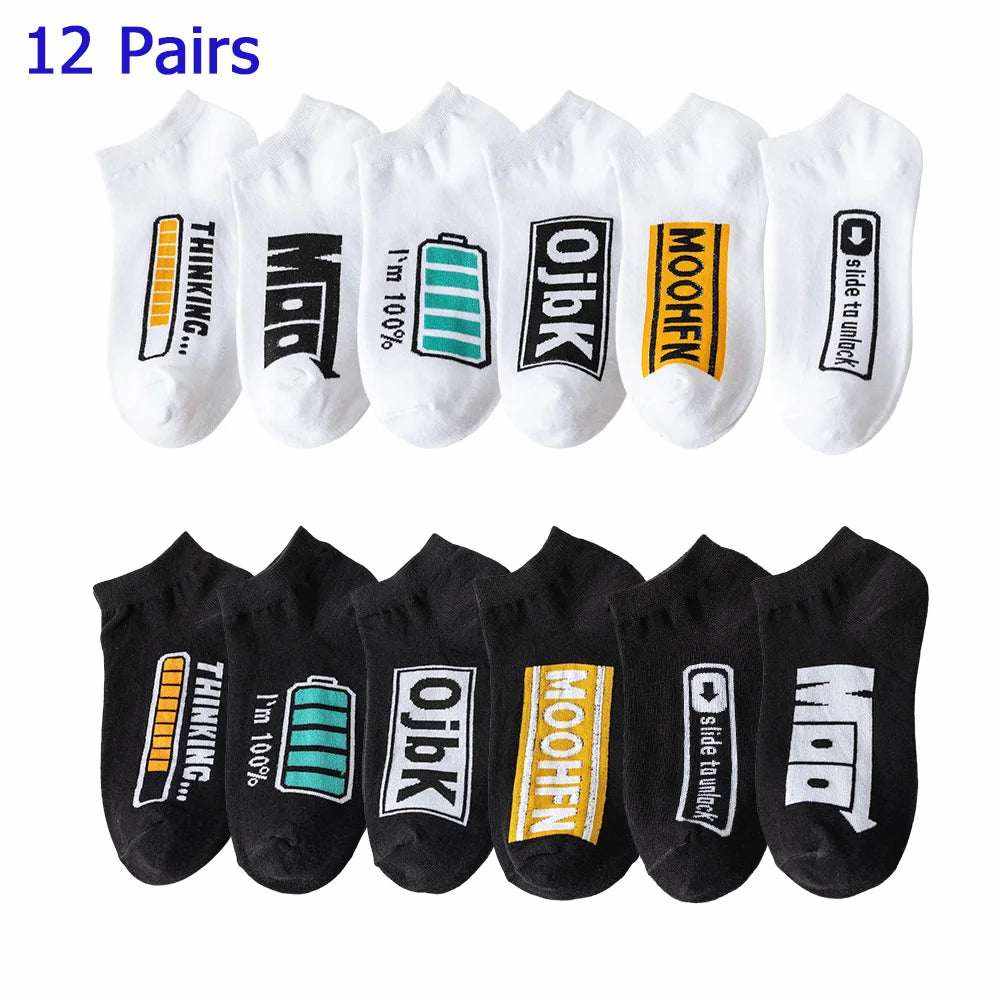 Women/Men Boat Socks in white and black with colorful graphic icons and text, low cut ankle design, breathable material