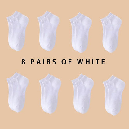 Set of 8 pairs of white Women/Men Boat Socks made of breathable fabric with invisible low-cut ankle design