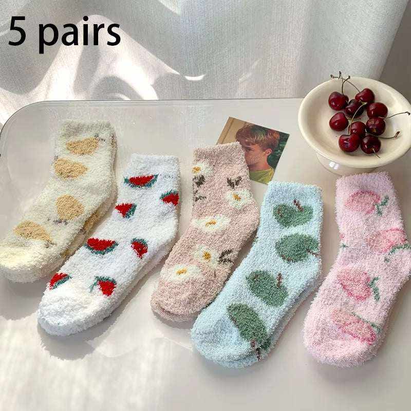Women/Men Boat Socks five pairs of fluffy cozy ankle socks with colorful fruit patterns in soft pastel shades