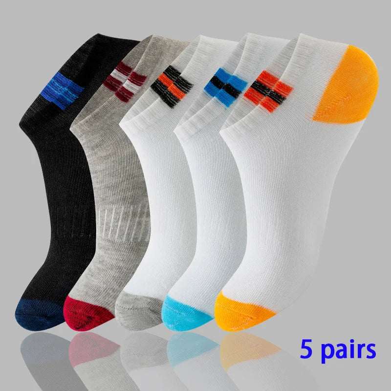 Women/Men Boat Socks in black, grey, and white with colorful toe and heel accents, low cut with a breathable fabric